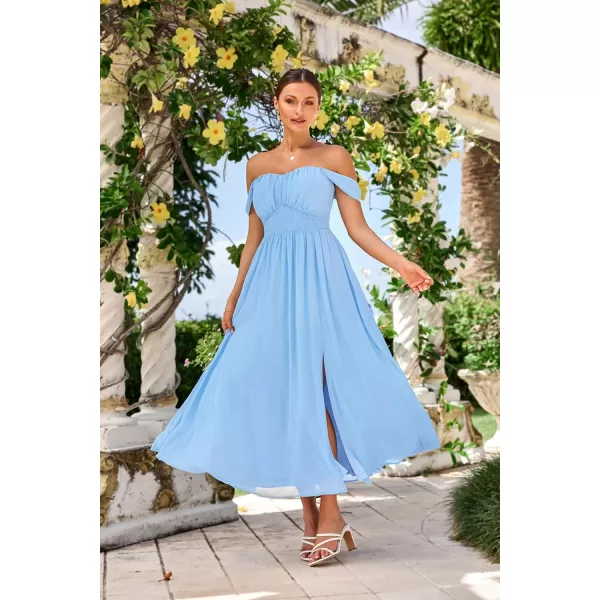 GRACE KARIN 2024 Womens Summer Floral Print Flowy A Line Dresses Sleeveless Smocked Off Shoulder Maxi DressLight Blue