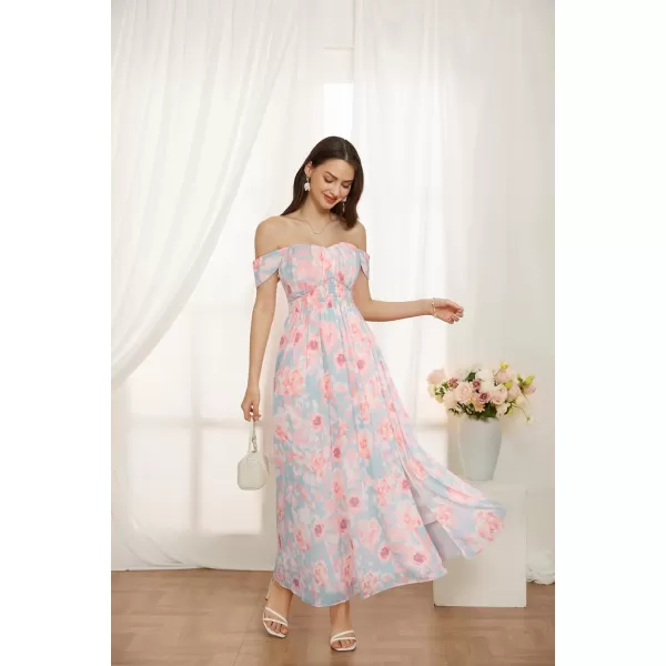 GRACE KARIN 2024 Womens Summer Floral Print Flowy A Line Dresses Sleeveless Smocked Off Shoulder Maxi DressLight Blue Pink