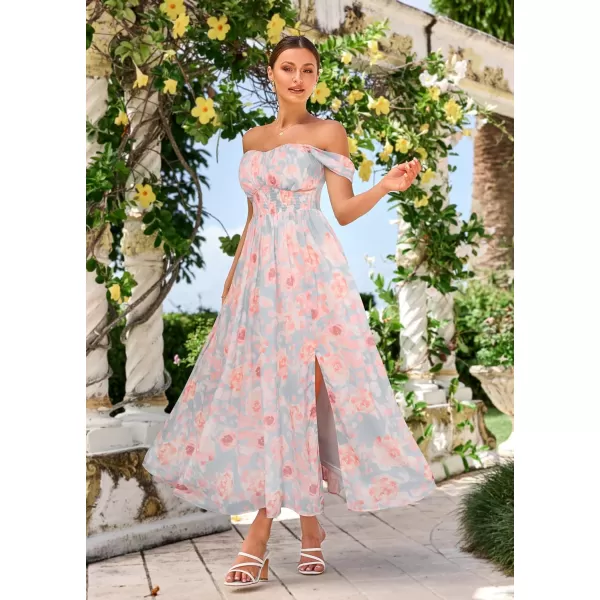 GRACE KARIN 2024 Womens Summer Floral Print Flowy A Line Dresses Sleeveless Smocked Off Shoulder Maxi DressLight Blue Pink