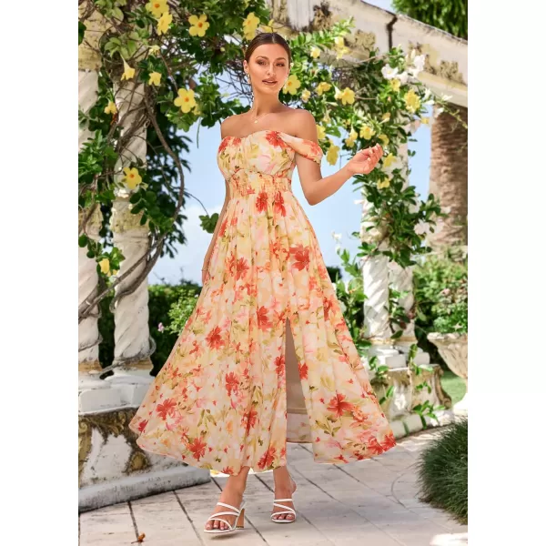 GRACE KARIN 2024 Womens Summer Floral Print Flowy A Line Dresses Sleeveless Smocked Off Shoulder Maxi DressLight Orange Red