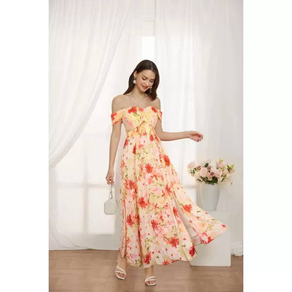 GRACE KARIN 2024 Womens Summer Floral Print Flowy A Line Dresses Sleeveless Smocked Off Shoulder Maxi DressLight Orange Red