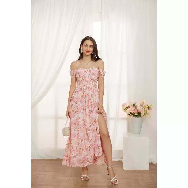 GRACE KARIN 2024 Womens Summer Floral Print Flowy A Line Dresses Sleeveless Smocked Off Shoulder Maxi DressPink Floral