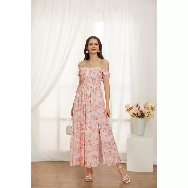 GRACE KARIN 2024 Womens Summer Floral Print Flowy A Line Dresses Sleeveless Smocked Off Shoulder Maxi DressPink Floral