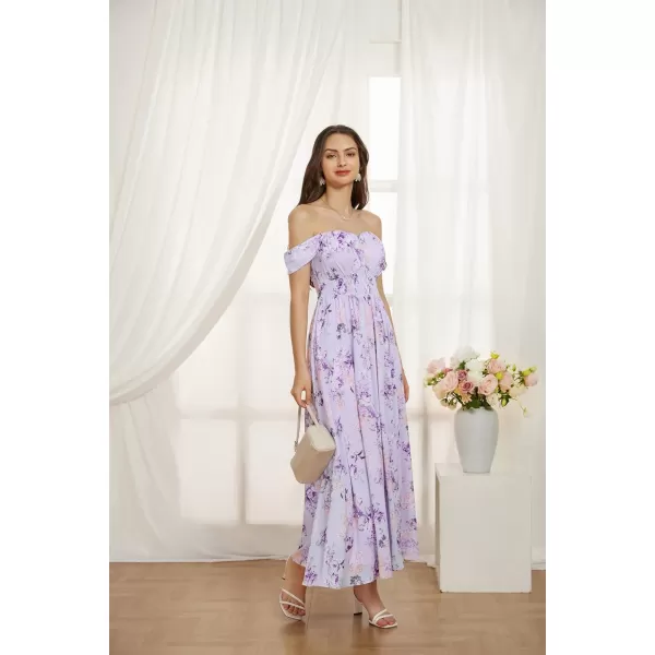 GRACE KARIN 2024 Womens Summer Floral Print Flowy A Line Dresses Sleeveless Smocked Off Shoulder Maxi DressPurple Floral