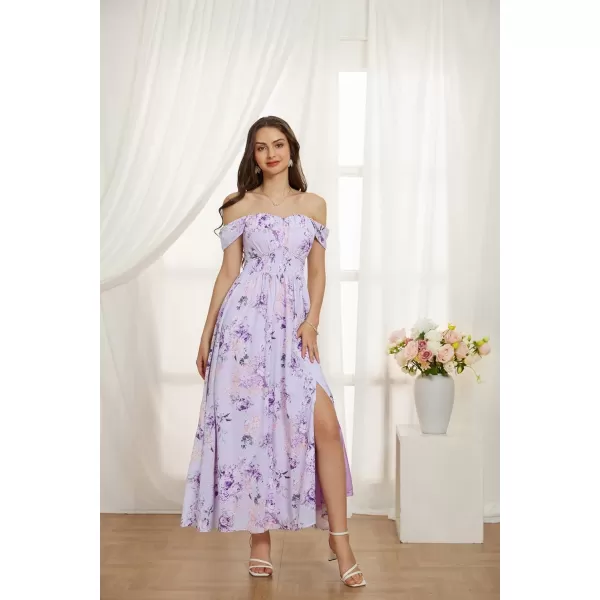 GRACE KARIN 2024 Womens Summer Floral Print Flowy A Line Dresses Sleeveless Smocked Off Shoulder Maxi DressPurple Floral