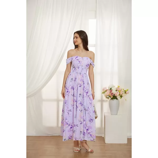 GRACE KARIN 2024 Womens Summer Floral Print Flowy A Line Dresses Sleeveless Smocked Off Shoulder Maxi DressPurple Floral