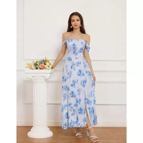 GRACE KARIN 2024 Womens Summer Floral Print Flowy A Line Dresses Sleeveless Smocked Off Shoulder Maxi DressWhiteblue Floral