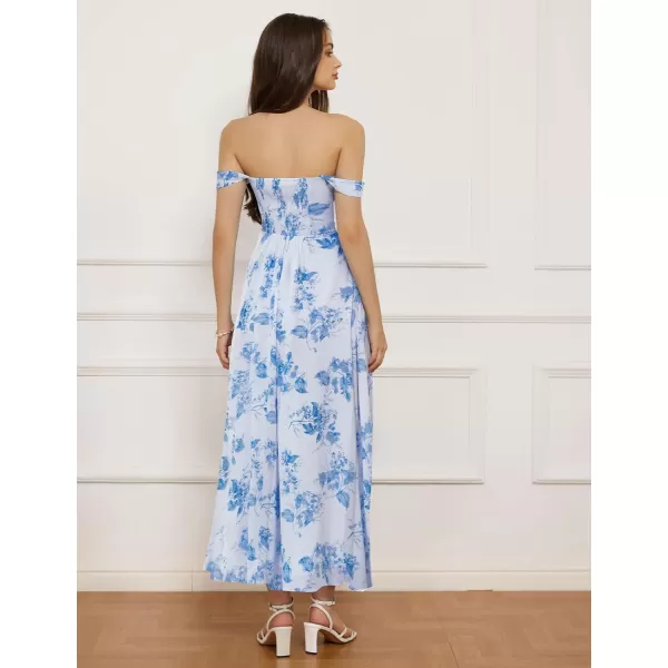 GRACE KARIN 2024 Womens Summer Floral Print Flowy A Line Dresses Sleeveless Smocked Off Shoulder Maxi DressWhiteblue Floral