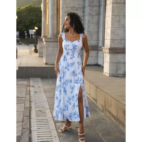 GRACE KARIN 2024 Womens Summer Floral Print Flowy A Line Dresses Sleeveless Smocked Off Shoulder Maxi DressWhiteblue Floral