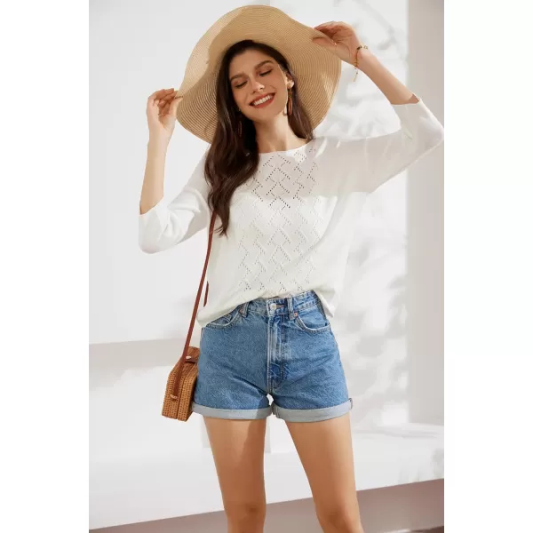 GRACE KARIN 2024 Womens Summer Lightweight HollowOut Sweater Casual 34 Sleeve Boat Neck Pullover Top BlouseWhite