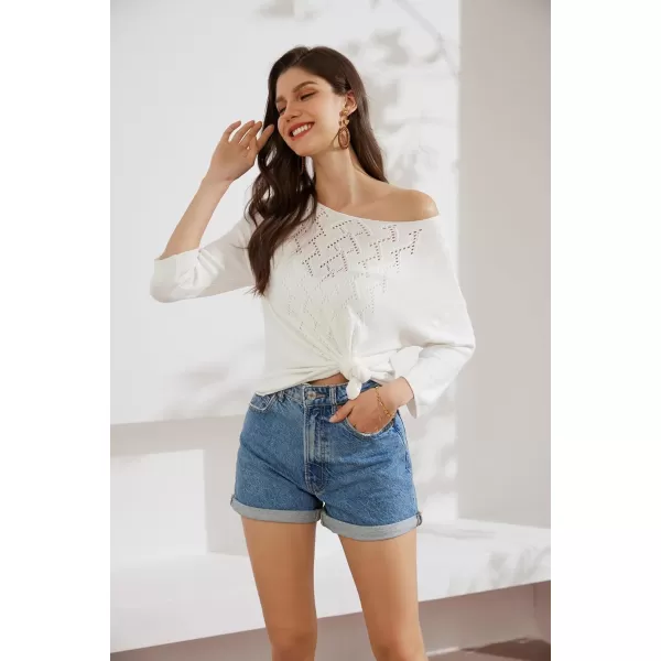 GRACE KARIN 2024 Womens Summer Lightweight HollowOut Sweater Casual 34 Sleeve Boat Neck Pullover Top BlouseWhite