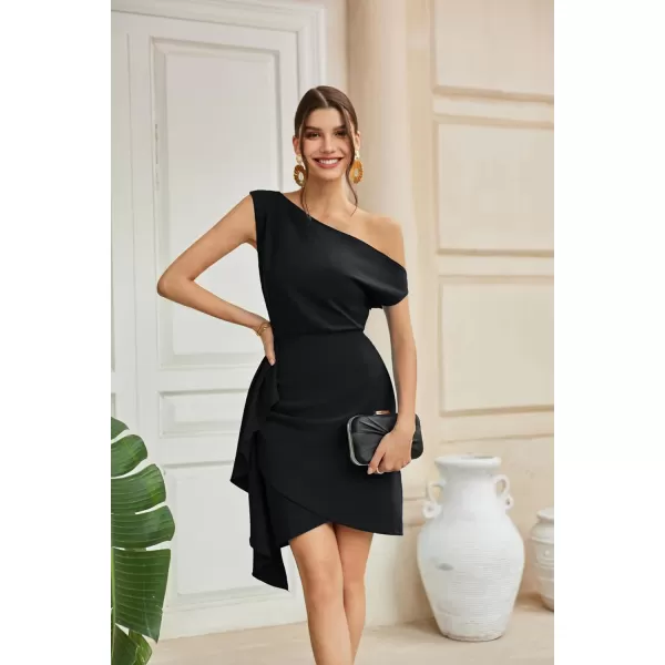 GRACE KARIN 2024 Womens Summer One Shoulder Dresses Short Sleeve Wrap Ruched Ruffle Bodycon Cocktail Party Mini DressBlack