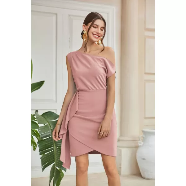 GRACE KARIN 2024 Womens Summer One Shoulder Dresses Short Sleeve Wrap Ruched Ruffle Bodycon Cocktail Party Mini DressPink