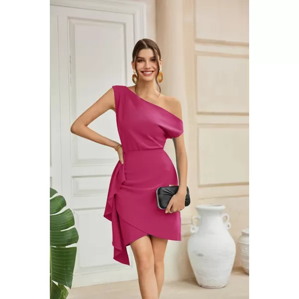 GRACE KARIN 2024 Womens Summer One Shoulder Dresses Short Sleeve Wrap Ruched Ruffle Bodycon Cocktail Party Mini DressRose Red