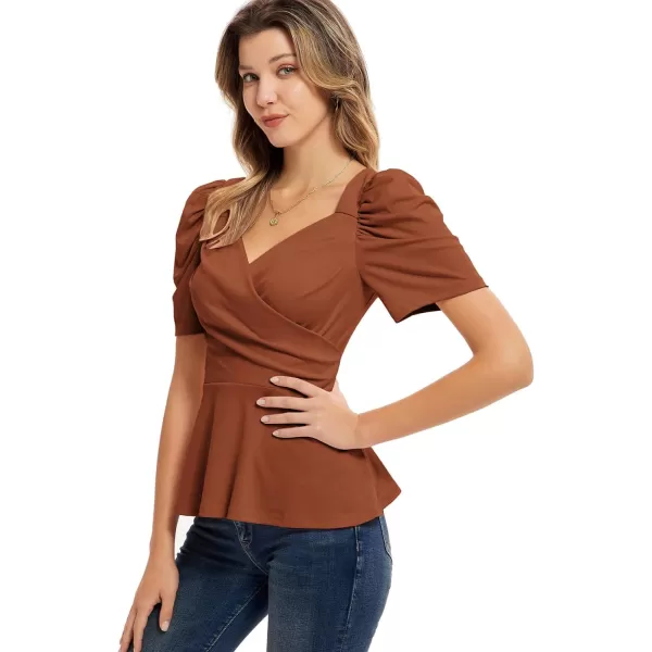 GRACE KARIN 2024 Womens Summer Tops Elegant Peplum Top Wrap V Neck Puff Short Sleeve Shirts Tops BlouseChocolate