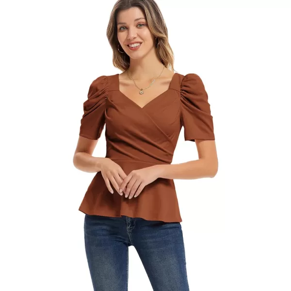 GRACE KARIN 2024 Womens Summer Tops Elegant Peplum Top Wrap V Neck Puff Short Sleeve Shirts Tops BlouseChocolate