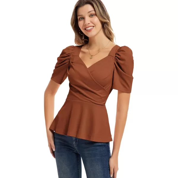 GRACE KARIN 2024 Womens Summer Tops Elegant Peplum Top Wrap V Neck Puff Short Sleeve Shirts Tops BlouseChocolate