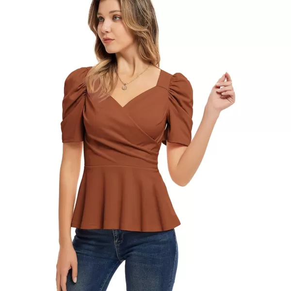 GRACE KARIN 2024 Womens Summer Tops Elegant Peplum Top Wrap V Neck Puff Short Sleeve Shirts Tops BlouseChocolate