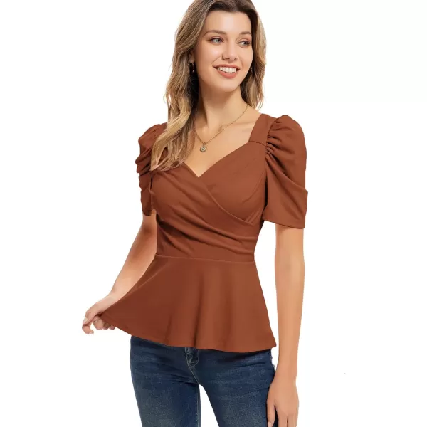 GRACE KARIN 2024 Womens Summer Tops Elegant Peplum Top Wrap V Neck Puff Short Sleeve Shirts Tops BlouseChocolate