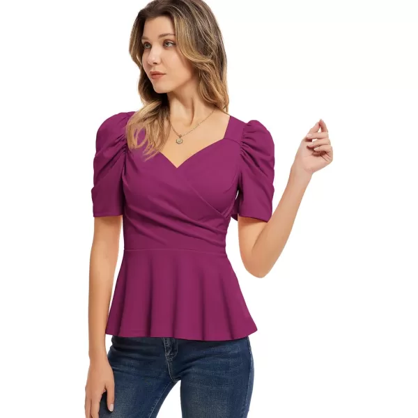 GRACE KARIN 2024 Womens Summer Tops Elegant Peplum Top Wrap V Neck Puff Short Sleeve Shirts Tops BlouseDark Purple