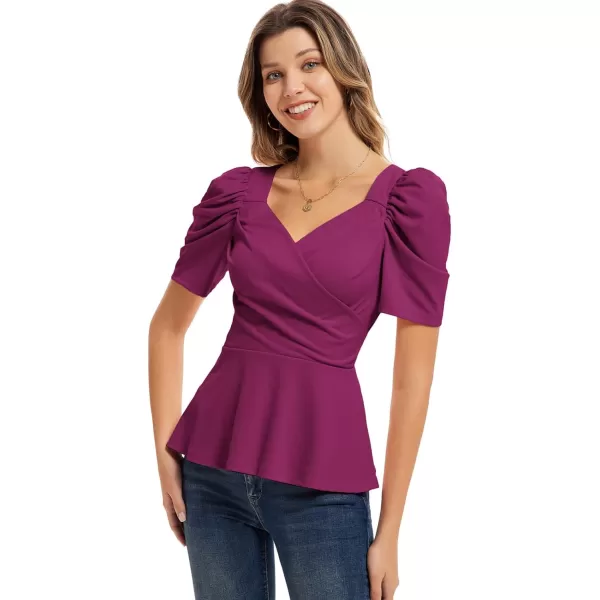 GRACE KARIN 2024 Womens Summer Tops Elegant Peplum Top Wrap V Neck Puff Short Sleeve Shirts Tops BlouseDark Purple