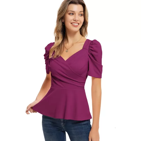 GRACE KARIN 2024 Womens Summer Tops Elegant Peplum Top Wrap V Neck Puff Short Sleeve Shirts Tops BlouseDark Purple