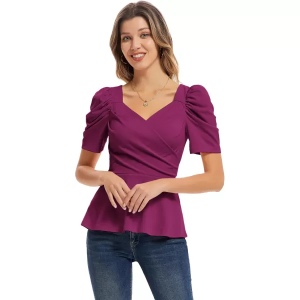 GRACE KARIN 2024 Womens Summer Tops Elegant Peplum Top Wrap V Neck Puff Short Sleeve Shirts Tops BlouseDark Purple