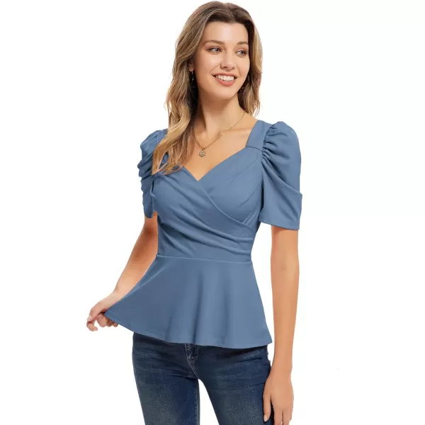 GRACE KARIN 2024 Womens Summer Tops Elegant Peplum Top Wrap V Neck Puff Short Sleeve Shirts Tops BlouseGrey Blue