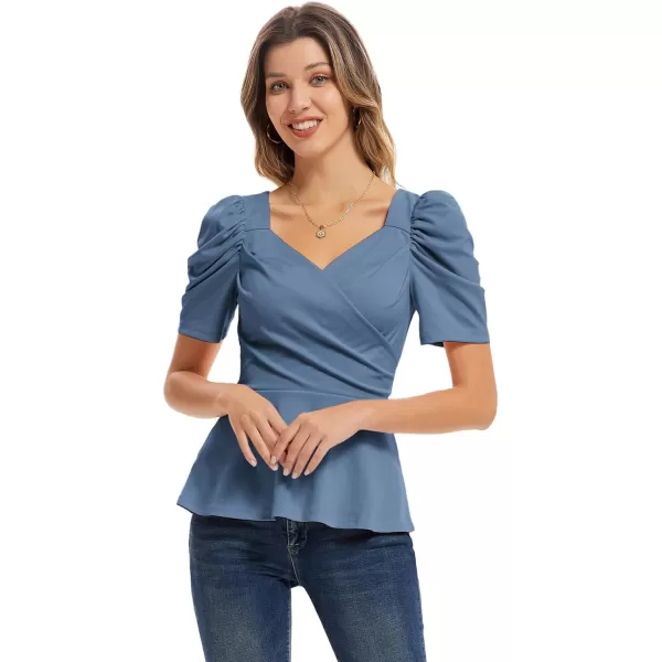 GRACE KARIN 2024 Womens Summer Tops Elegant Peplum Top Wrap V Neck Puff Short Sleeve Shirts Tops BlouseGrey Blue