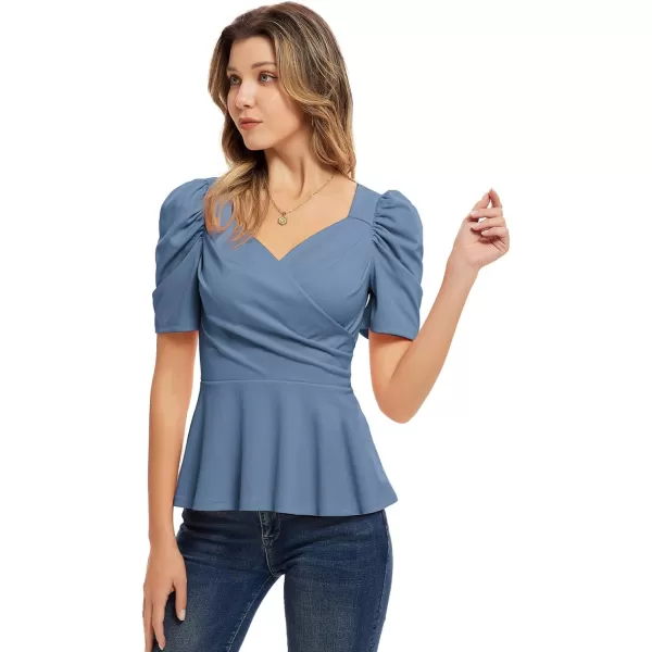 GRACE KARIN 2024 Womens Summer Tops Elegant Peplum Top Wrap V Neck Puff Short Sleeve Shirts Tops BlouseGrey Blue