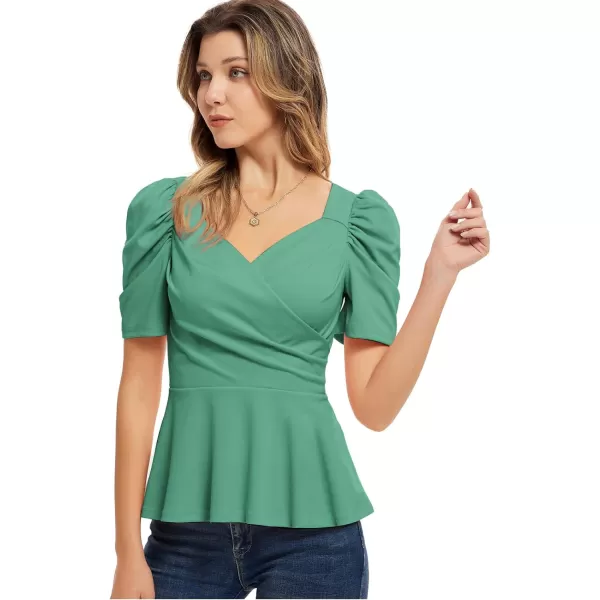 GRACE KARIN 2024 Womens Summer Tops Elegant Peplum Top Wrap V Neck Puff Short Sleeve Shirts Tops BlouseGrey Green