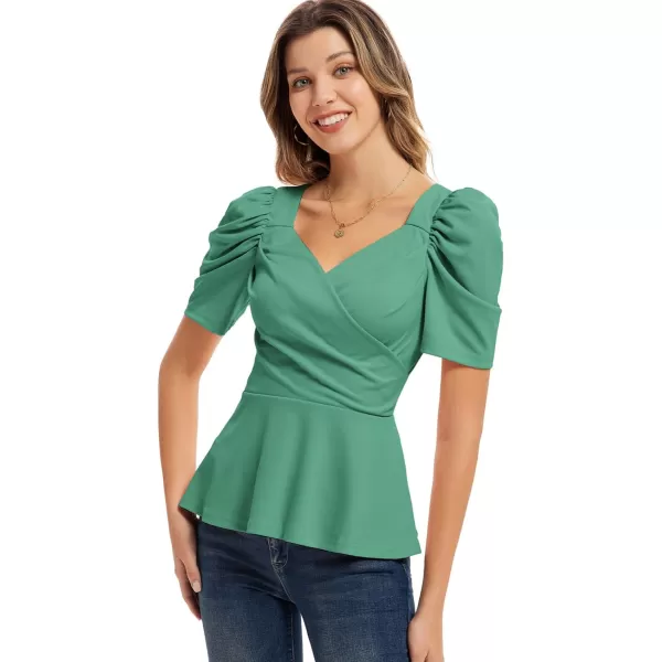 GRACE KARIN 2024 Womens Summer Tops Elegant Peplum Top Wrap V Neck Puff Short Sleeve Shirts Tops BlouseGrey Green