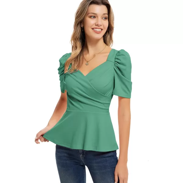 GRACE KARIN 2024 Womens Summer Tops Elegant Peplum Top Wrap V Neck Puff Short Sleeve Shirts Tops BlouseGrey Green