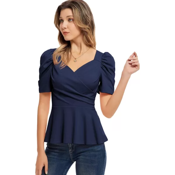 GRACE KARIN 2024 Womens Summer Tops Elegant Peplum Top Wrap V Neck Puff Short Sleeve Shirts Tops BlouseNavy Blue1