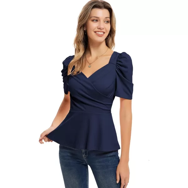 GRACE KARIN 2024 Womens Summer Tops Elegant Peplum Top Wrap V Neck Puff Short Sleeve Shirts Tops BlouseNavy Blue1