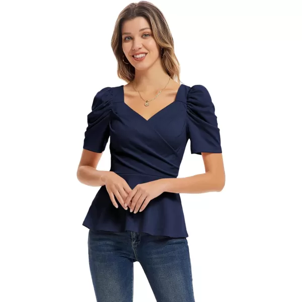 GRACE KARIN 2024 Womens Summer Tops Elegant Peplum Top Wrap V Neck Puff Short Sleeve Shirts Tops BlouseNavy Blue1