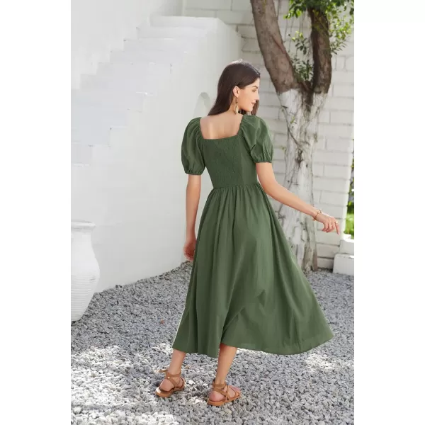 GRACE KARIN 2024 Womens Summer V Neck Smocked Dresses Short Sleeve Flowy A Line Maxi Dress with PocketsArmy Green