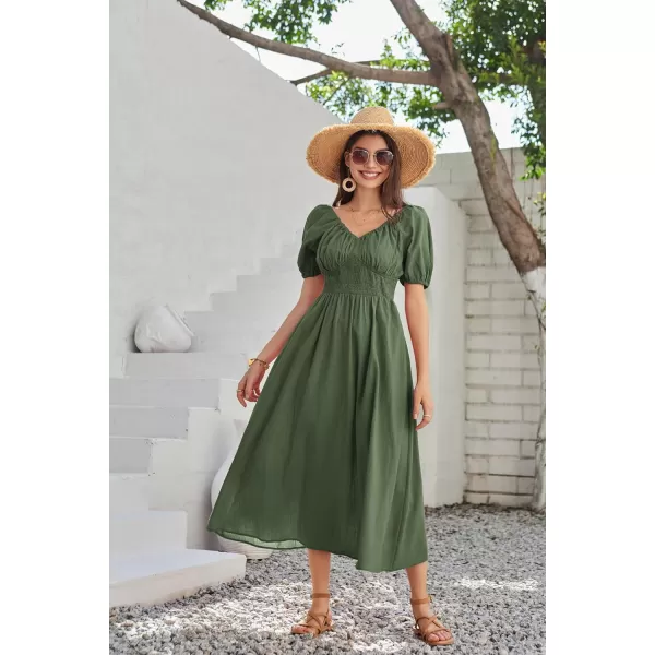 GRACE KARIN 2024 Womens Summer V Neck Smocked Dresses Short Sleeve Flowy A Line Maxi Dress with PocketsArmy Green