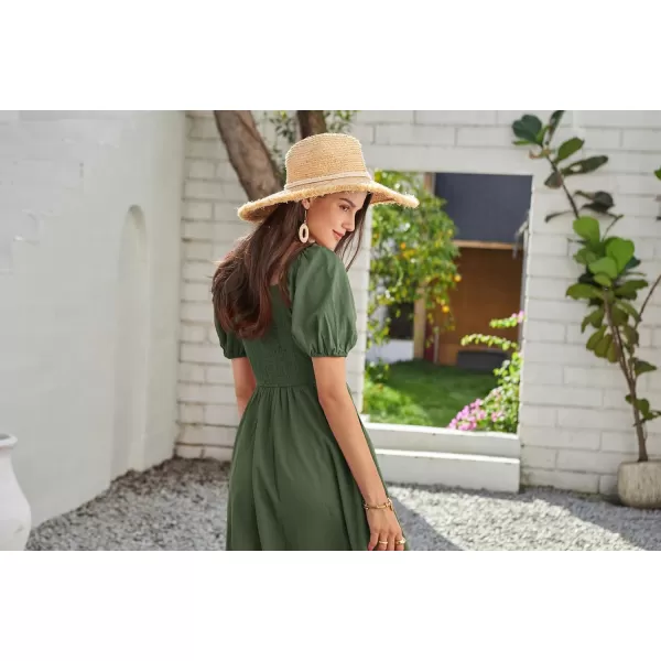 GRACE KARIN 2024 Womens Summer V Neck Smocked Dresses Short Sleeve Flowy A Line Maxi Dress with PocketsArmy Green