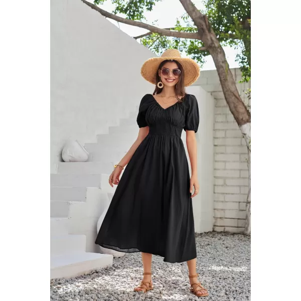 GRACE KARIN 2024 Womens Summer V Neck Smocked Dresses Short Sleeve Flowy A Line Maxi Dress with PocketsBlack