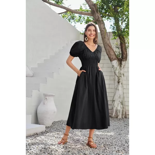 GRACE KARIN 2024 Womens Summer V Neck Smocked Dresses Short Sleeve Flowy A Line Maxi Dress with PocketsBlack