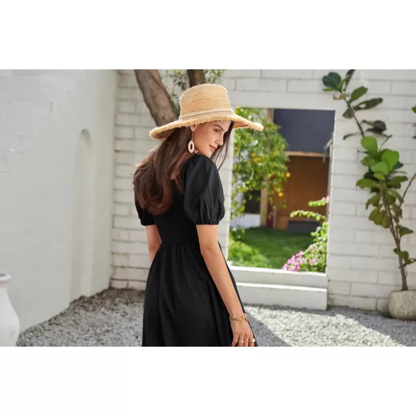 GRACE KARIN 2024 Womens Summer V Neck Smocked Dresses Short Sleeve Flowy A Line Maxi Dress with PocketsBlack