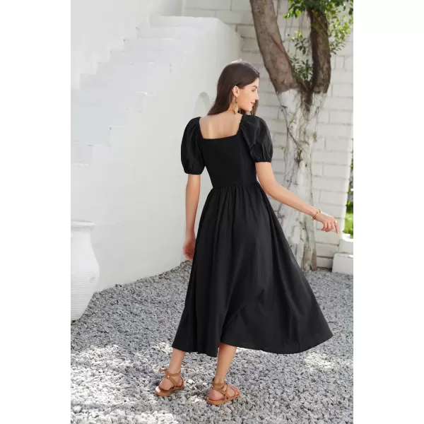 GRACE KARIN 2024 Womens Summer V Neck Smocked Dresses Short Sleeve Flowy A Line Maxi Dress with PocketsBlack