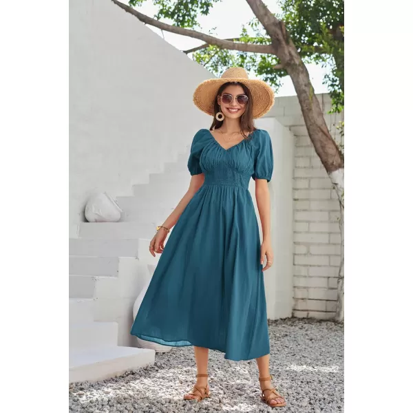 GRACE KARIN 2024 Womens Summer V Neck Smocked Dresses Short Sleeve Flowy A Line Maxi Dress with PocketsDark Blue