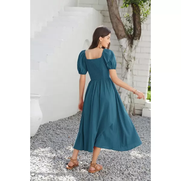 GRACE KARIN 2024 Womens Summer V Neck Smocked Dresses Short Sleeve Flowy A Line Maxi Dress with PocketsDark Blue