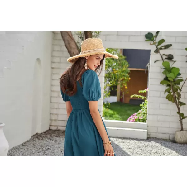 GRACE KARIN 2024 Womens Summer V Neck Smocked Dresses Short Sleeve Flowy A Line Maxi Dress with PocketsDark Blue