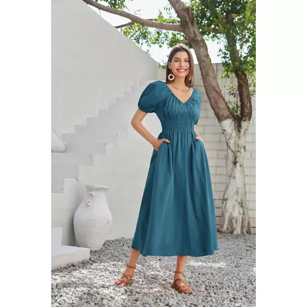 GRACE KARIN 2024 Womens Summer V Neck Smocked Dresses Short Sleeve Flowy A Line Maxi Dress with PocketsDark Blue