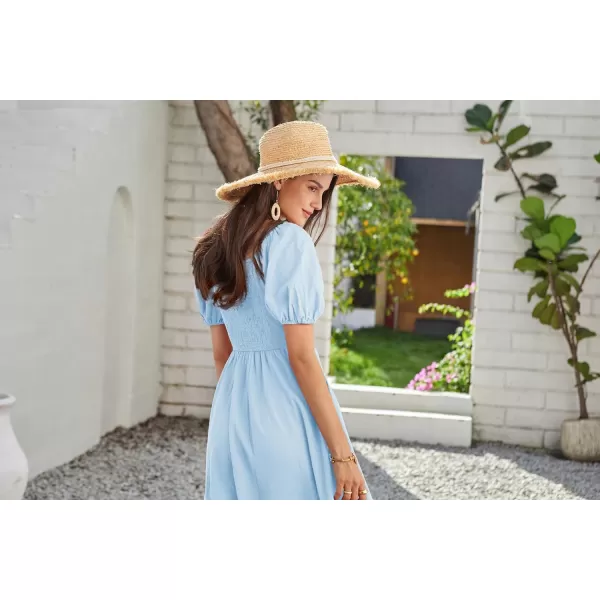 GRACE KARIN 2024 Womens Summer V Neck Smocked Dresses Short Sleeve Flowy A Line Maxi Dress with PocketsLight Blue