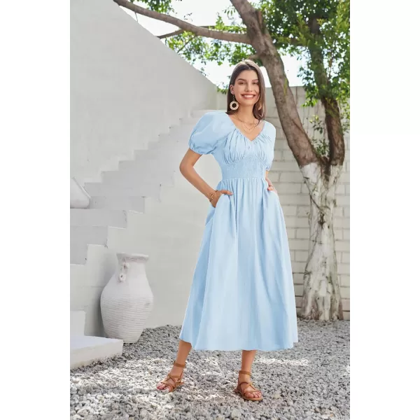 GRACE KARIN 2024 Womens Summer V Neck Smocked Dresses Short Sleeve Flowy A Line Maxi Dress with PocketsLight Blue