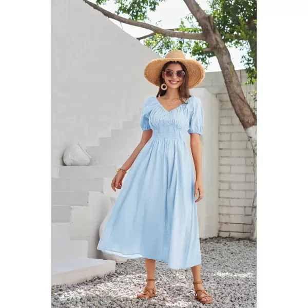 GRACE KARIN 2024 Womens Summer V Neck Smocked Dresses Short Sleeve Flowy A Line Maxi Dress with PocketsLight Blue